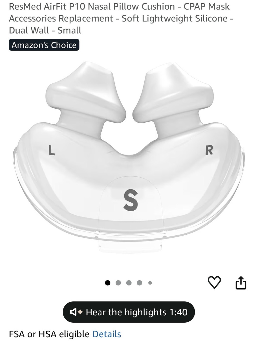 ResMed AirFit P10 Nasal Pillow Cushion - Clear size Small NEW
